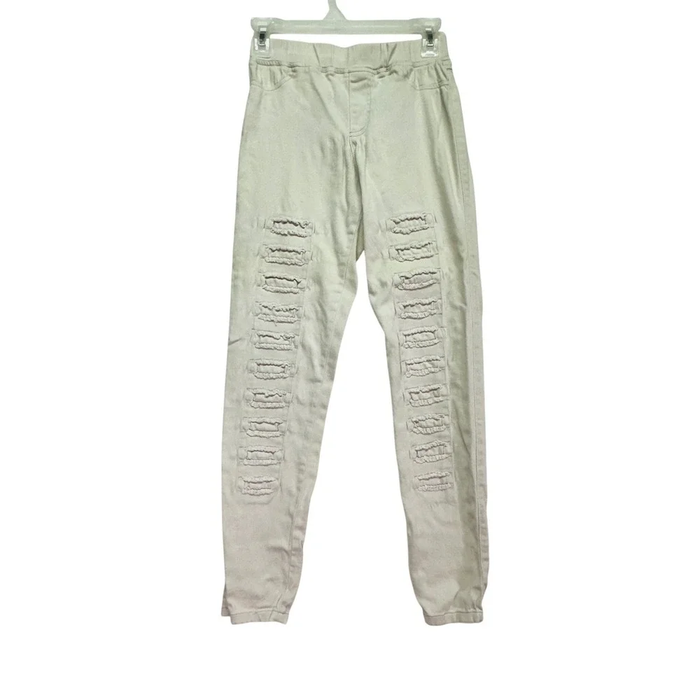 Umgee USA Cream Distressed Ladder Ruffle‎ Jeggings Skinny Pants Womens Small